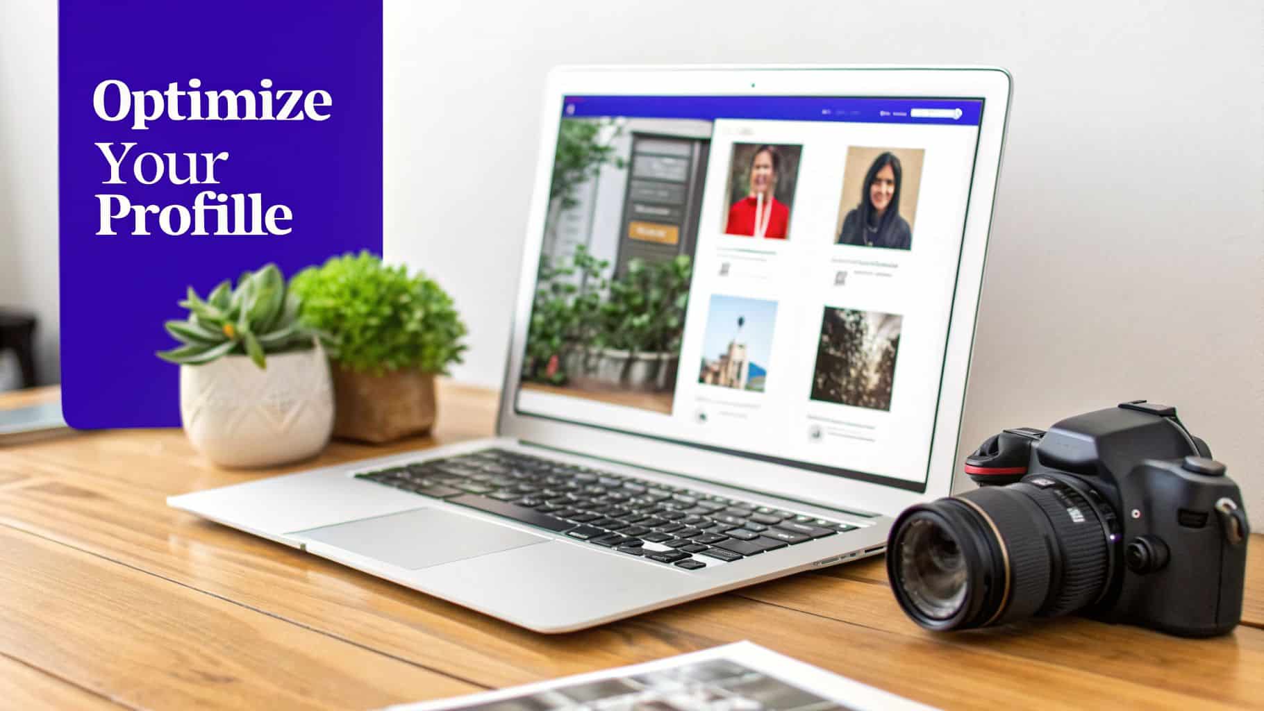 A laptop on a wooden desk displays a profile page with images, next to a camera and potted plants, with 'Optimize Your Profile' text.
