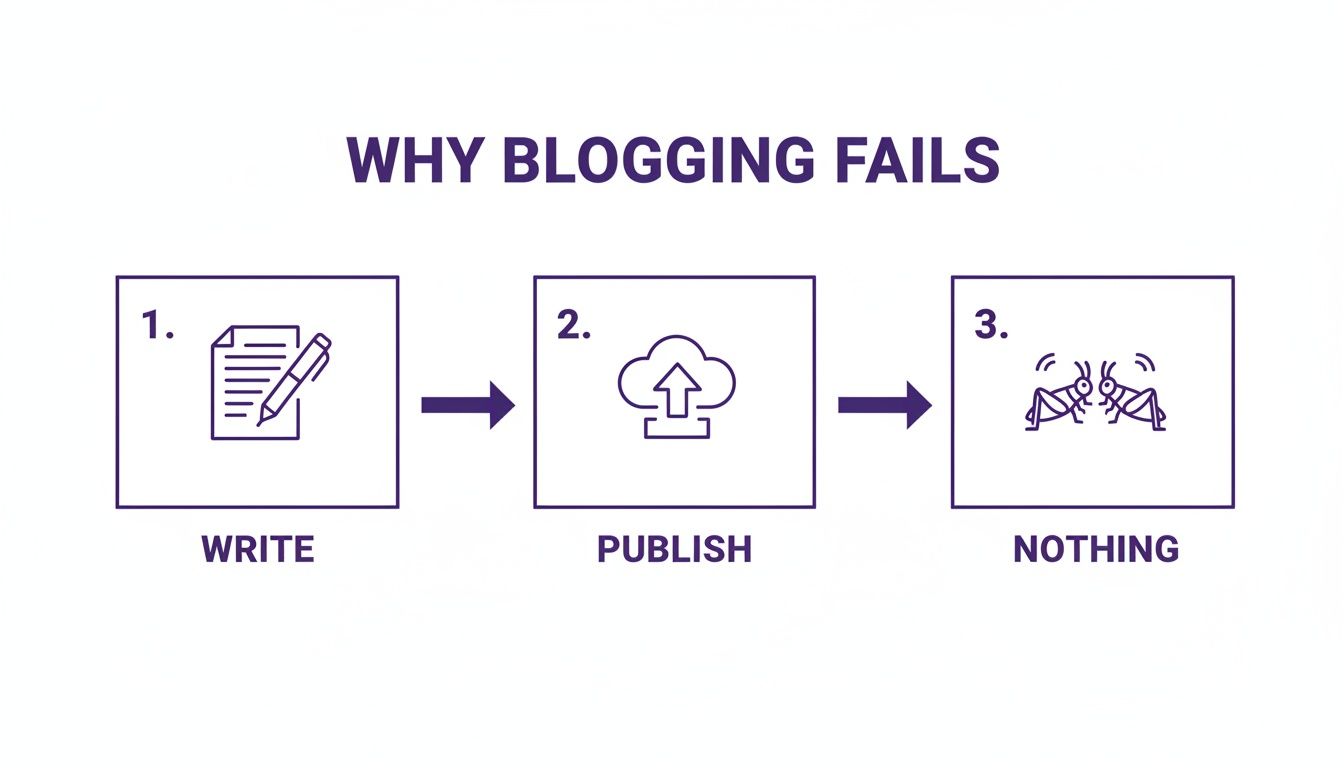 Flowchart showing why blogging fails: write, publish, and get nothing (crickets).
