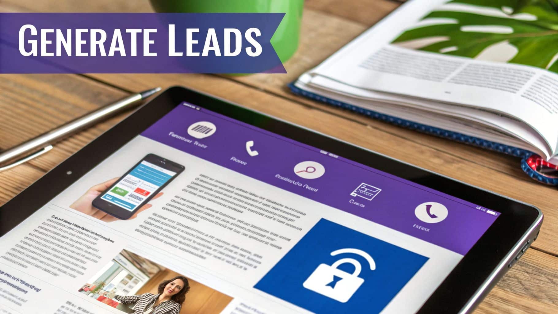 Close-up of a tablet displaying digital marketing content and a 'GENERATE LEADS' banner.