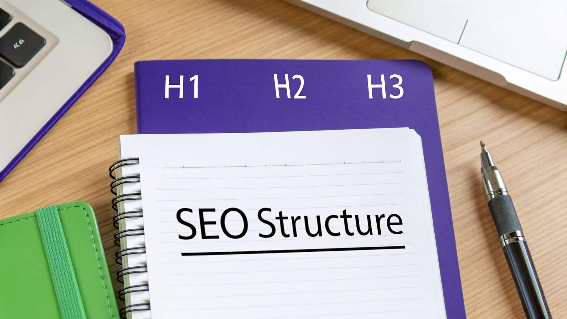 A desk with a laptop, notebooks, and a folder showing 'H1', 'H2', 'H3' and 'SEO Structure' for website optimization.