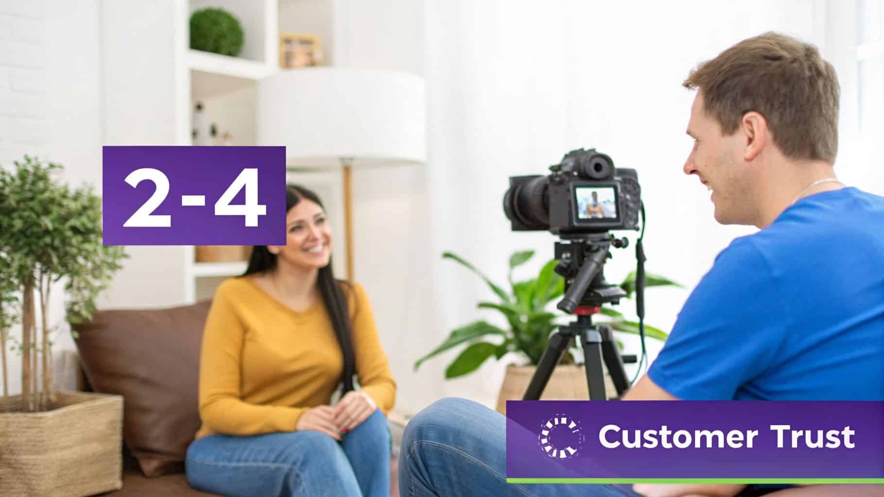 A man films a smiling woman on a couch with a camera, demonstrating customer trust.