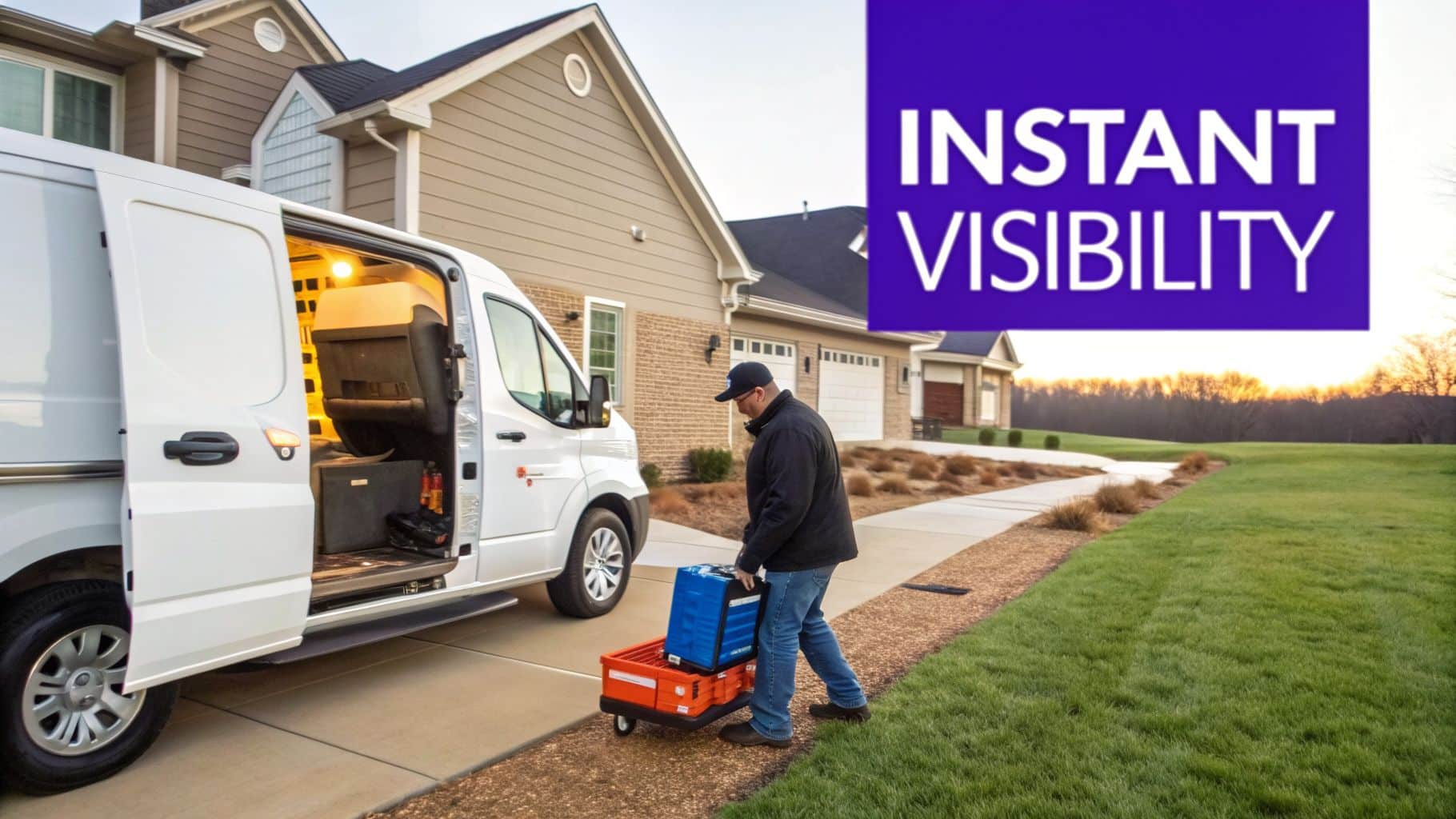 A technician unloads blue cases from a white service van onto a hand truck in a residential driveway.