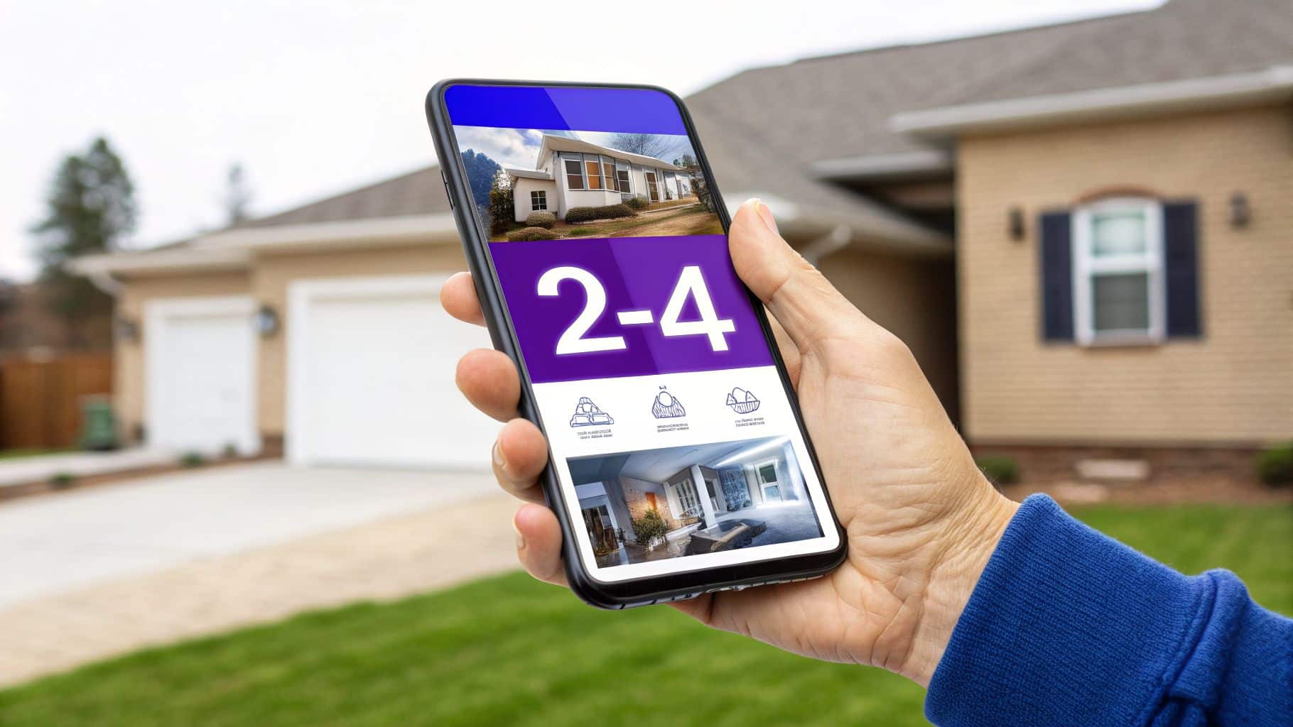 Hand holding a smartphone displaying a real estate app in front of a suburban house with a lawn.