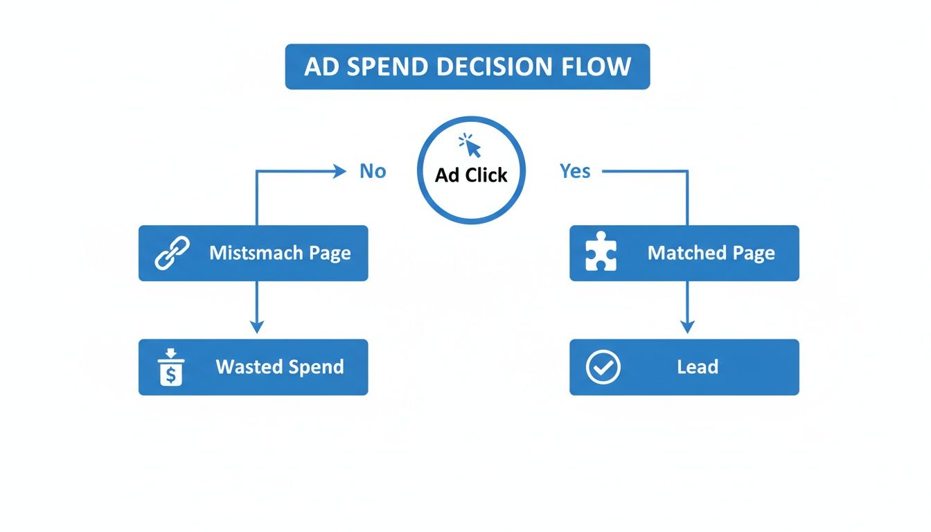 Flowchart illustrating the ad spend decision process, showing paths for mismatched pages leading to wasted spend and matched pages leading to leads.
