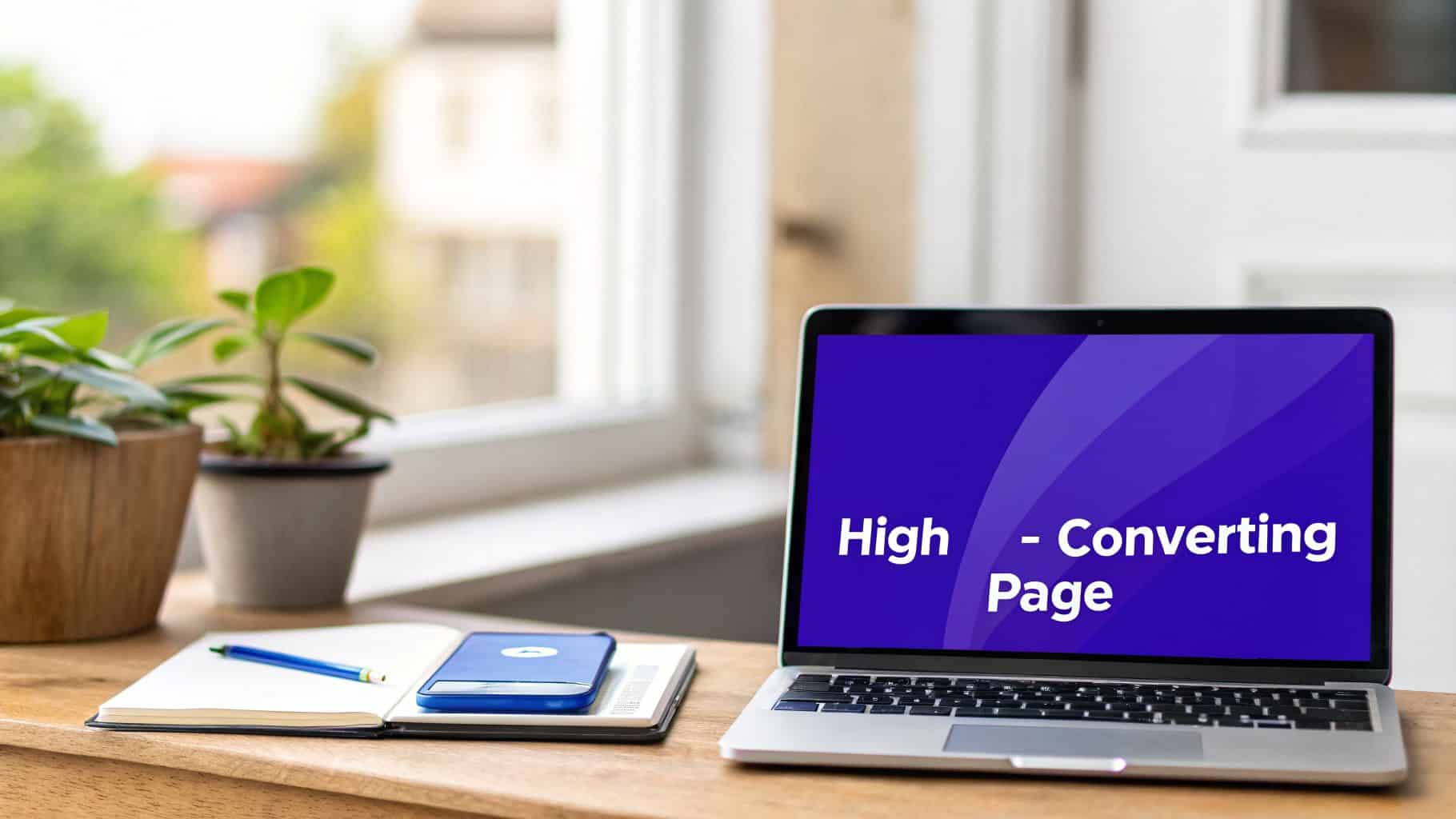 A laptop displays 'High - Converting Page' on a wooden desk with plants, a notebook, and a phone.