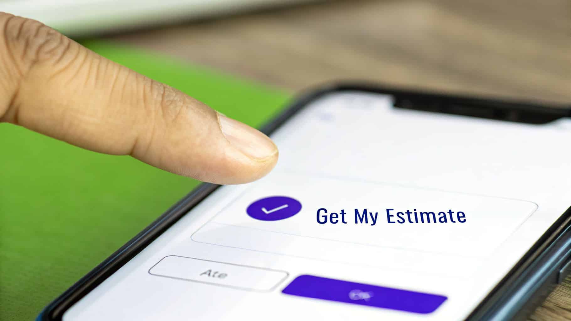 A finger touches a smartphone screen displaying a 'Get My Estimate' button on a mobile app.
