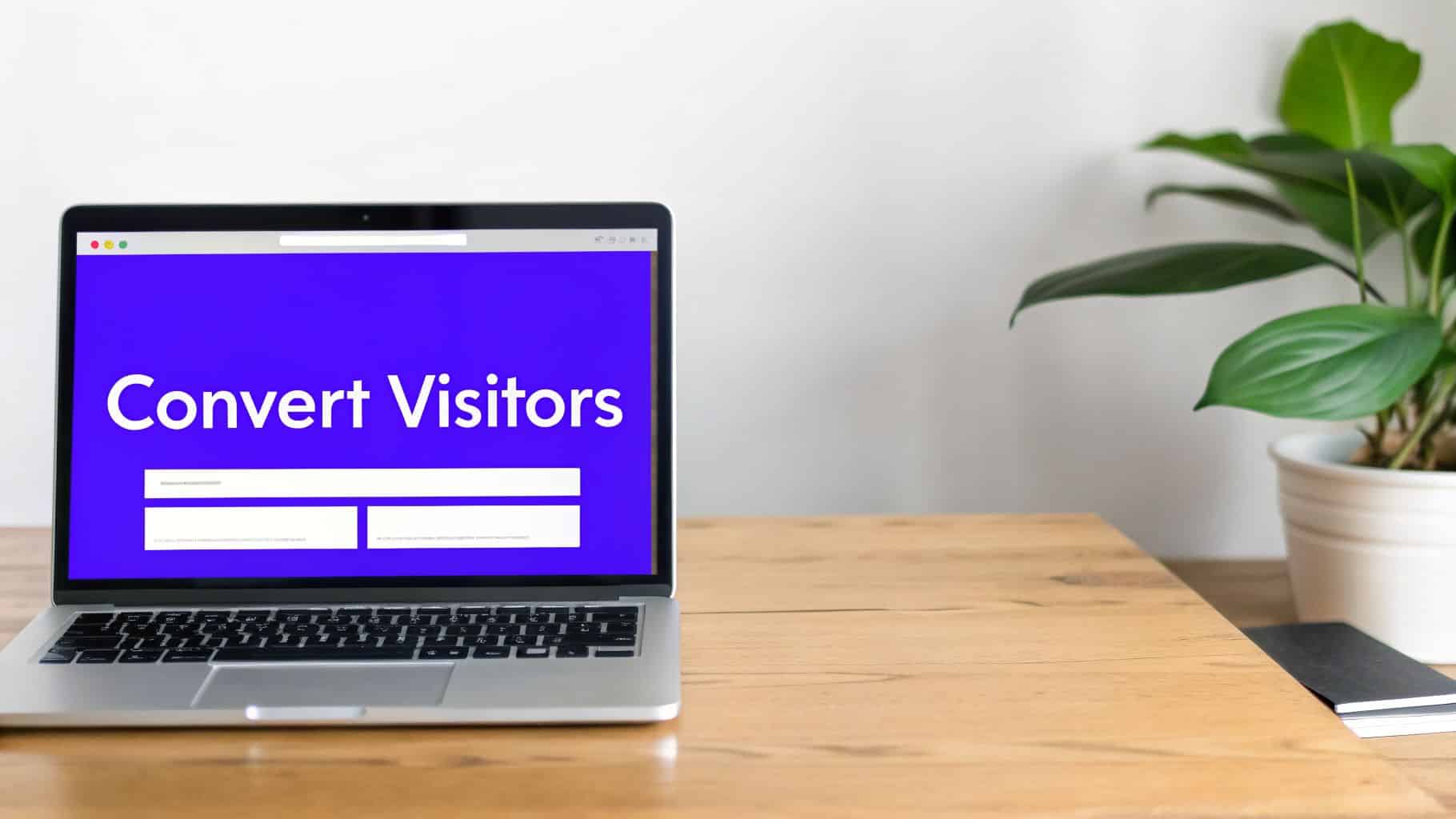 A laptop on a wooden desk displays a blue screen with 'Convert Visitors' text and form fields, next to a potted plant.