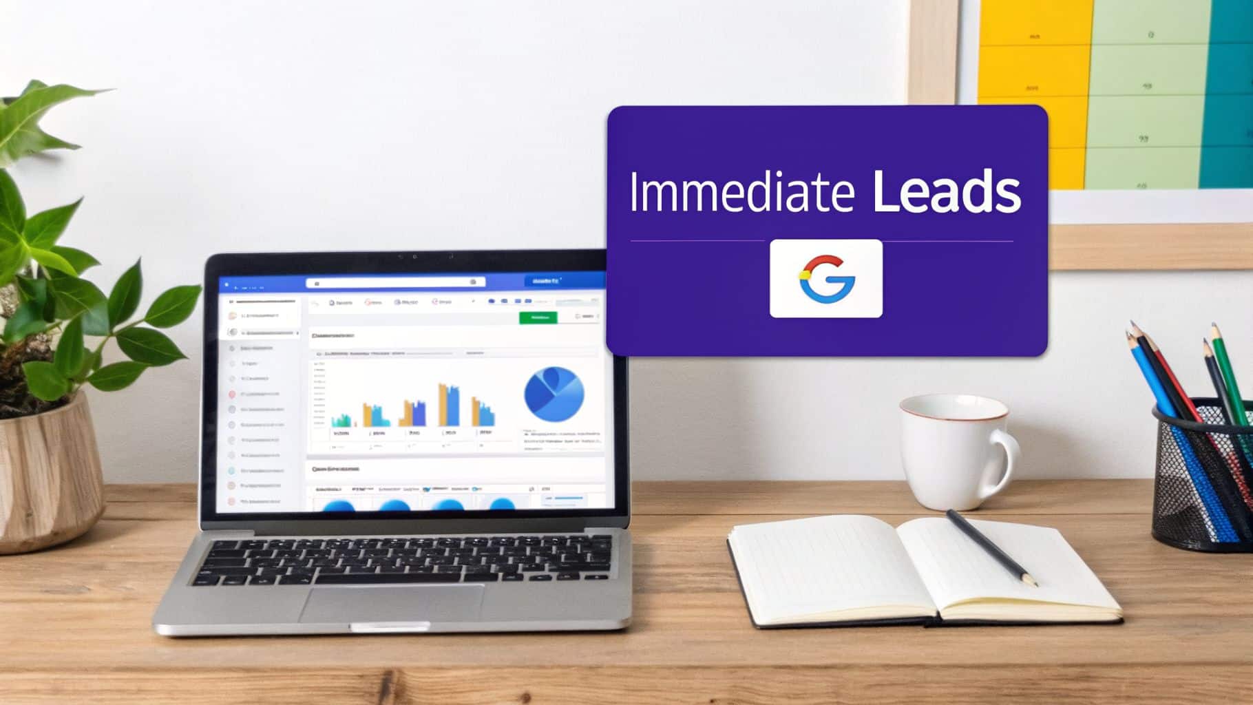 Laptop displaying analytics on a modern desk, next to a sign for 'Immediate Leads' with a Google logo.