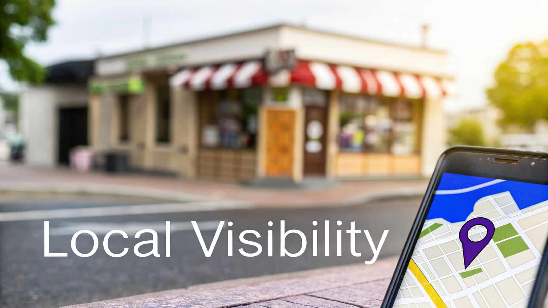 A smartphone displaying a map with a purple location pin, symbolizing local business visibility, in front of a blurred shop.