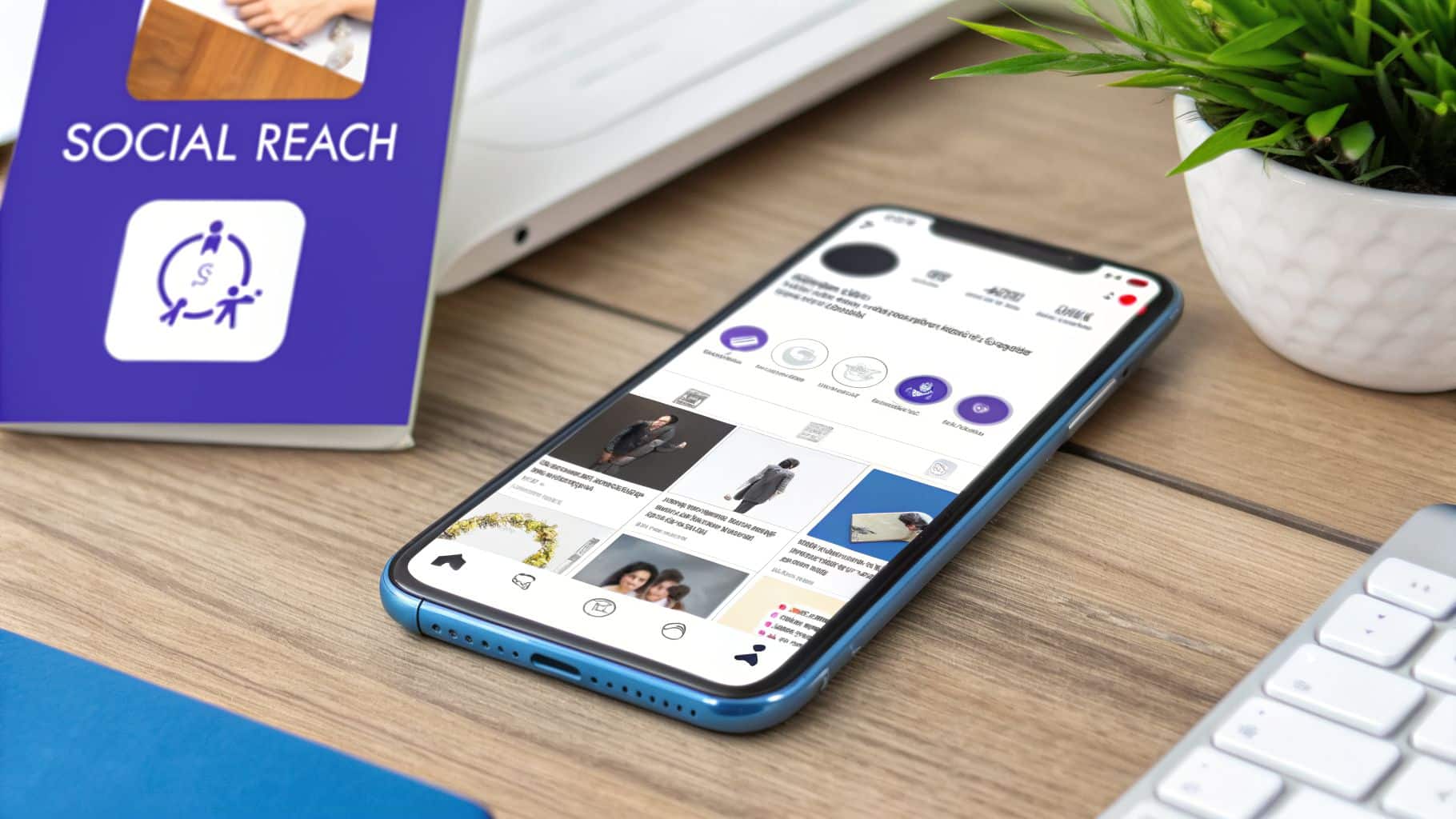 A blue 'Social Reach' book on a wooden desk next to a smartphone displaying social media content.