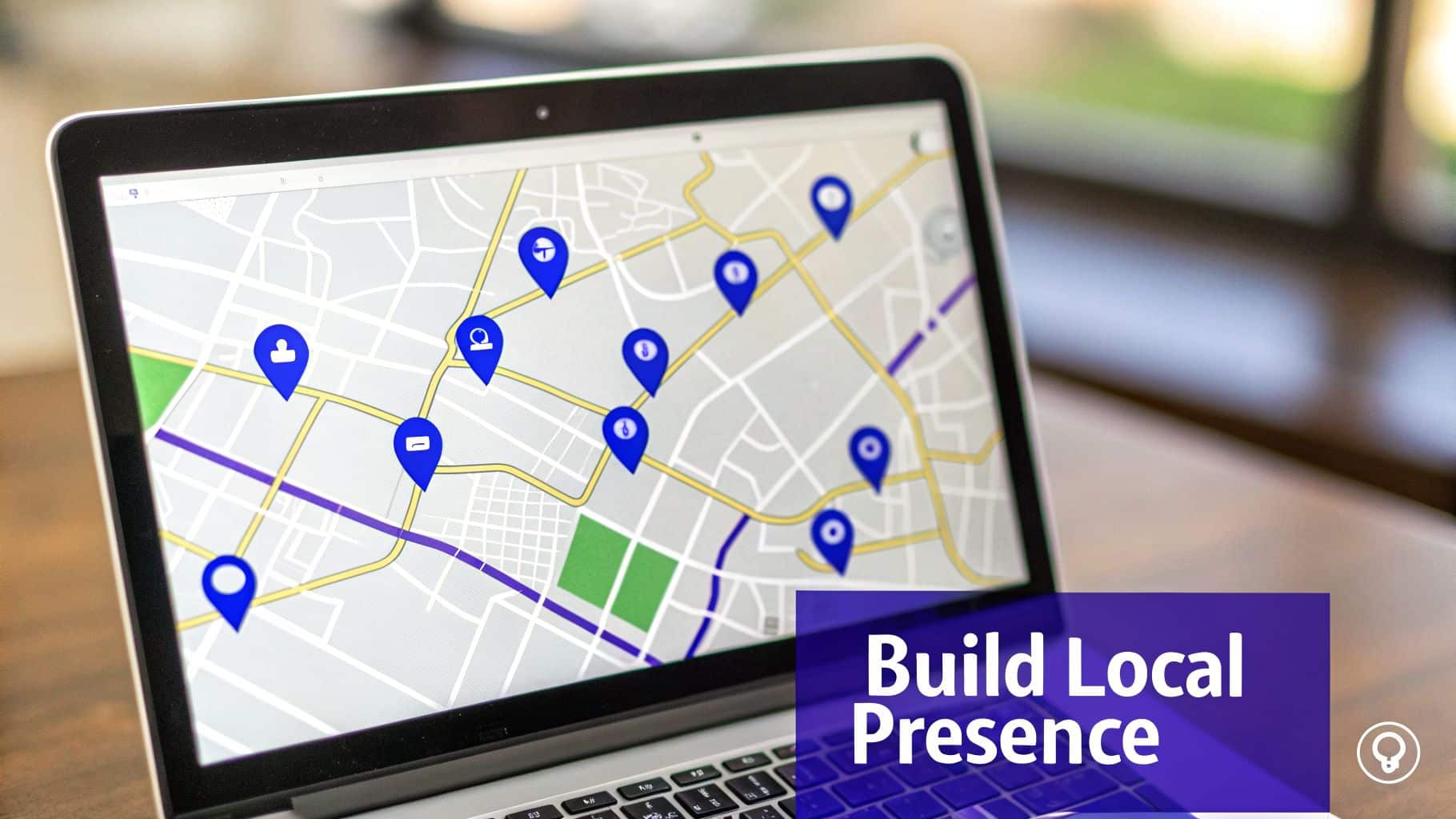 Close-up of a laptop showing a map with many blue location pins and the text "Build Local Presence".