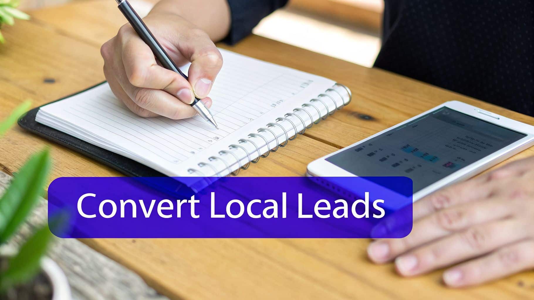 A person writing in a notebook on a wooden desk, with a smartphone nearby, and text 'Convert Local Leads'.