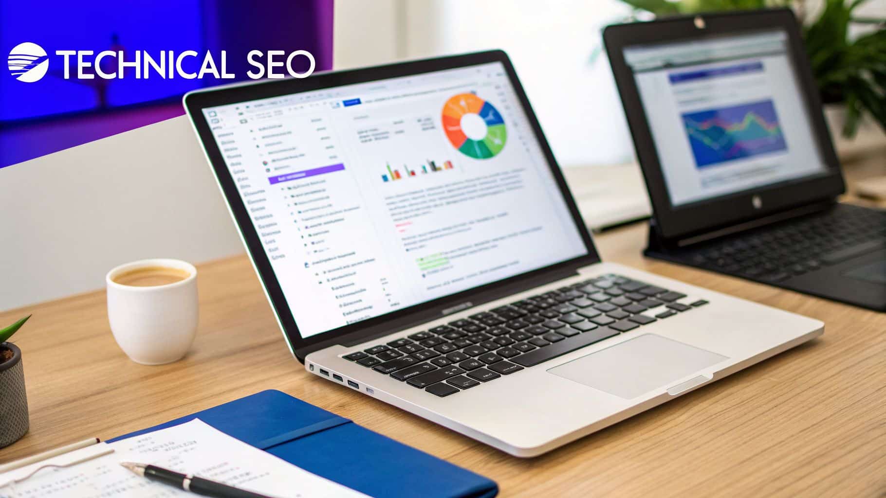 Workspace showing laptops with SEO data, a coffee, and a notebook, ideal for technical SEO analysis.