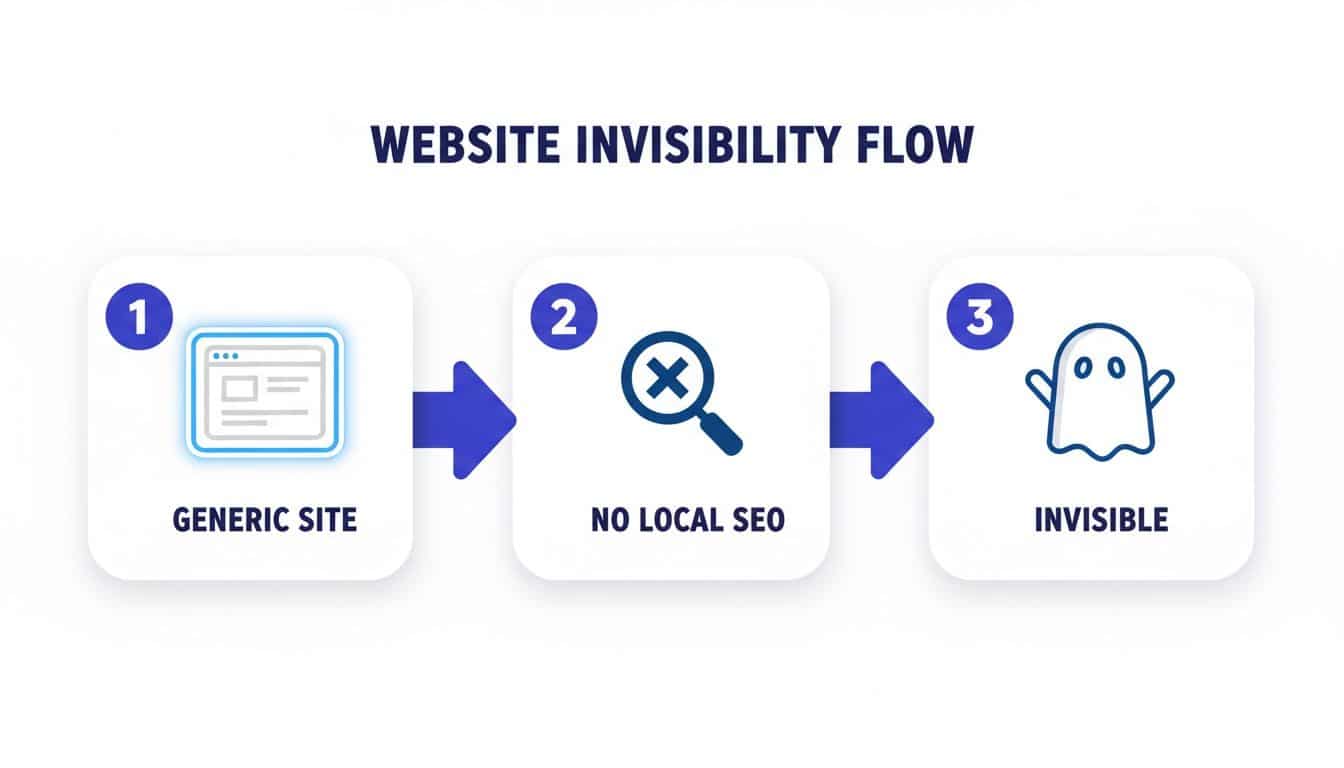 A three-step flow diagram showing how a generic website without local SEO becomes invisible.