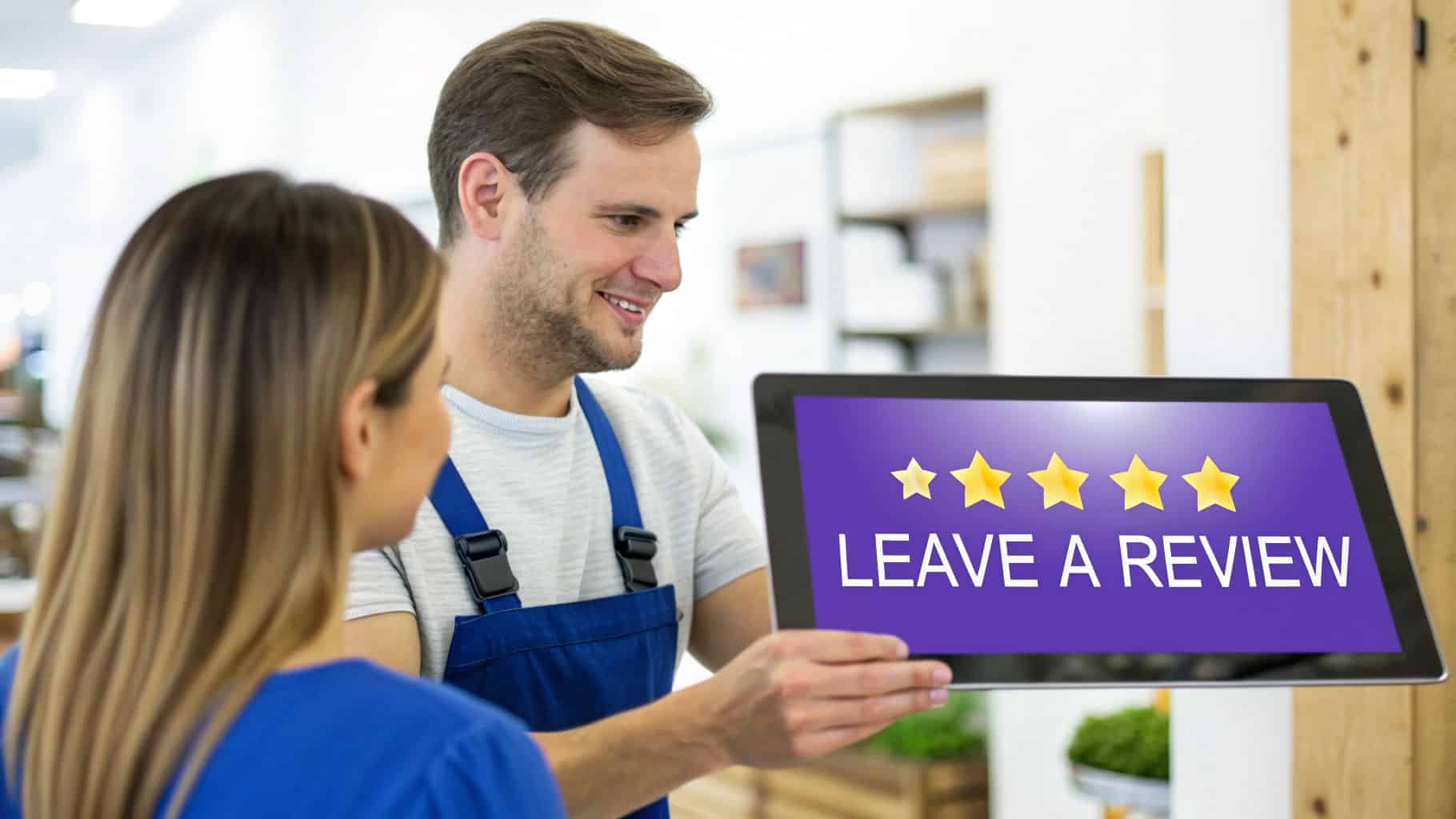 Smiling man shows a tablet with five stars and 'Leave a Review' to a customer.