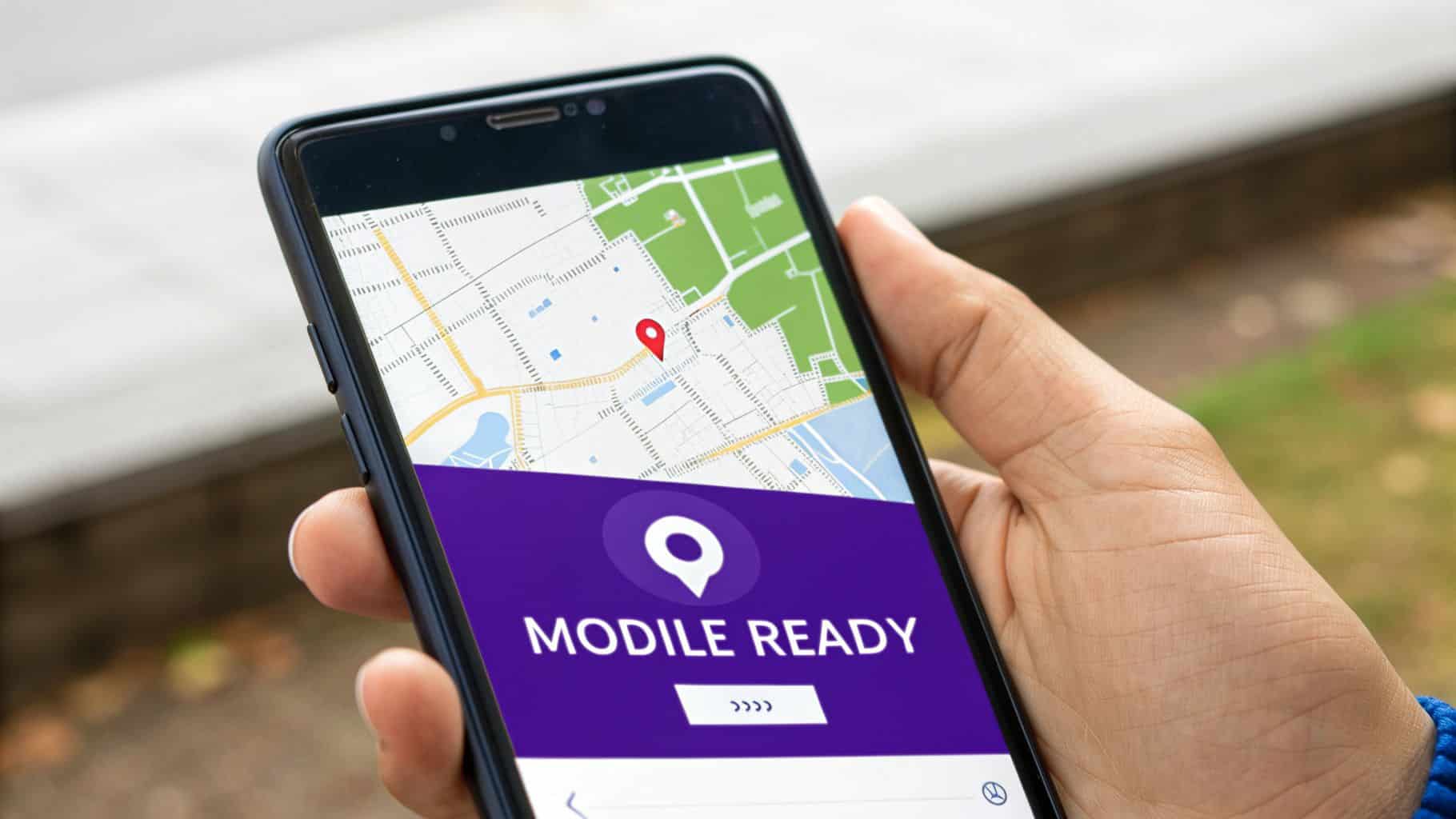 Close-up of a hand holding a smartphone showing a map app with a location pin and 'MODILE READY' on screen.