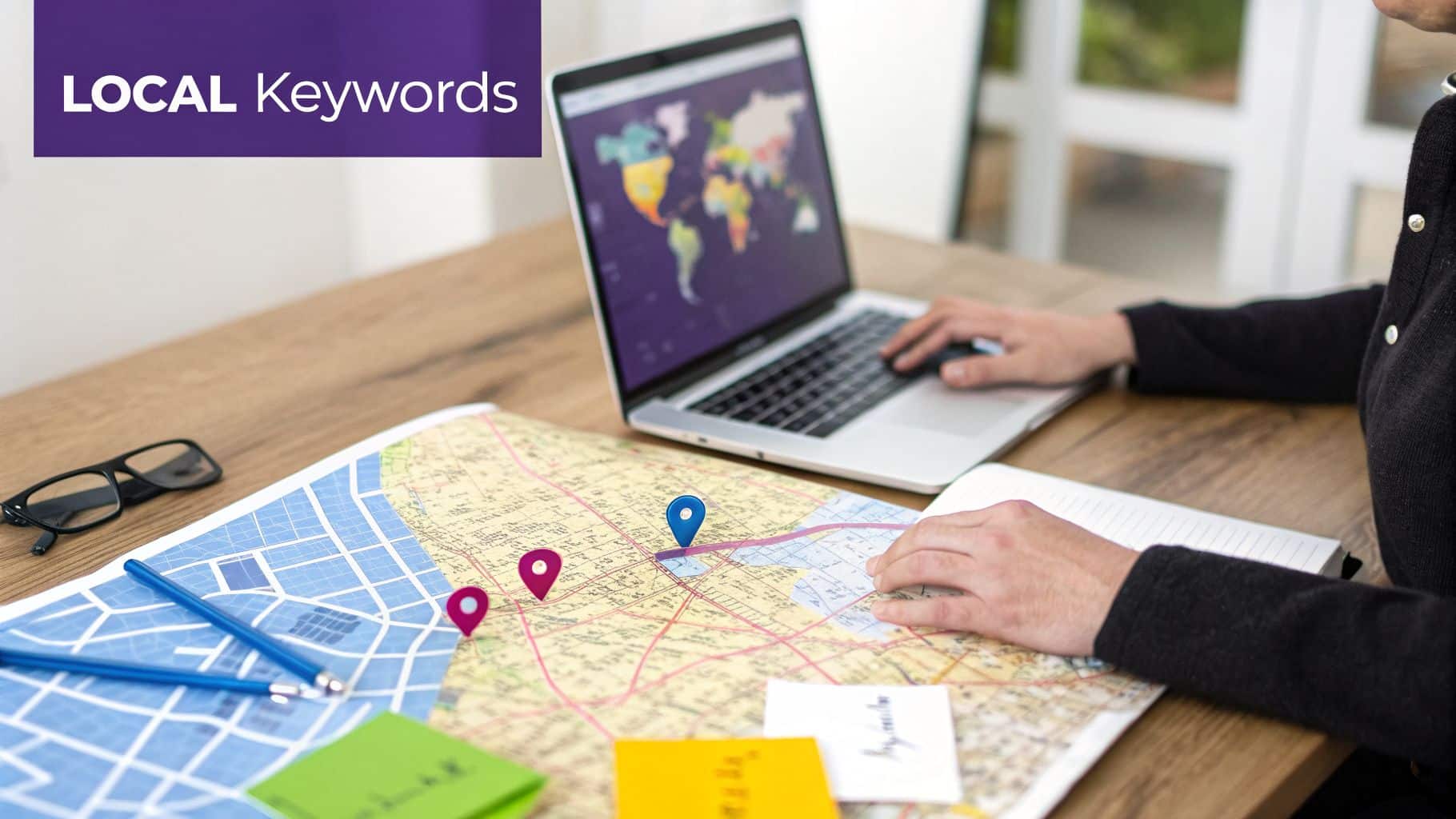 A person works on a laptop showing a world map, alongside a physical map with location pins for local SEO strategy.