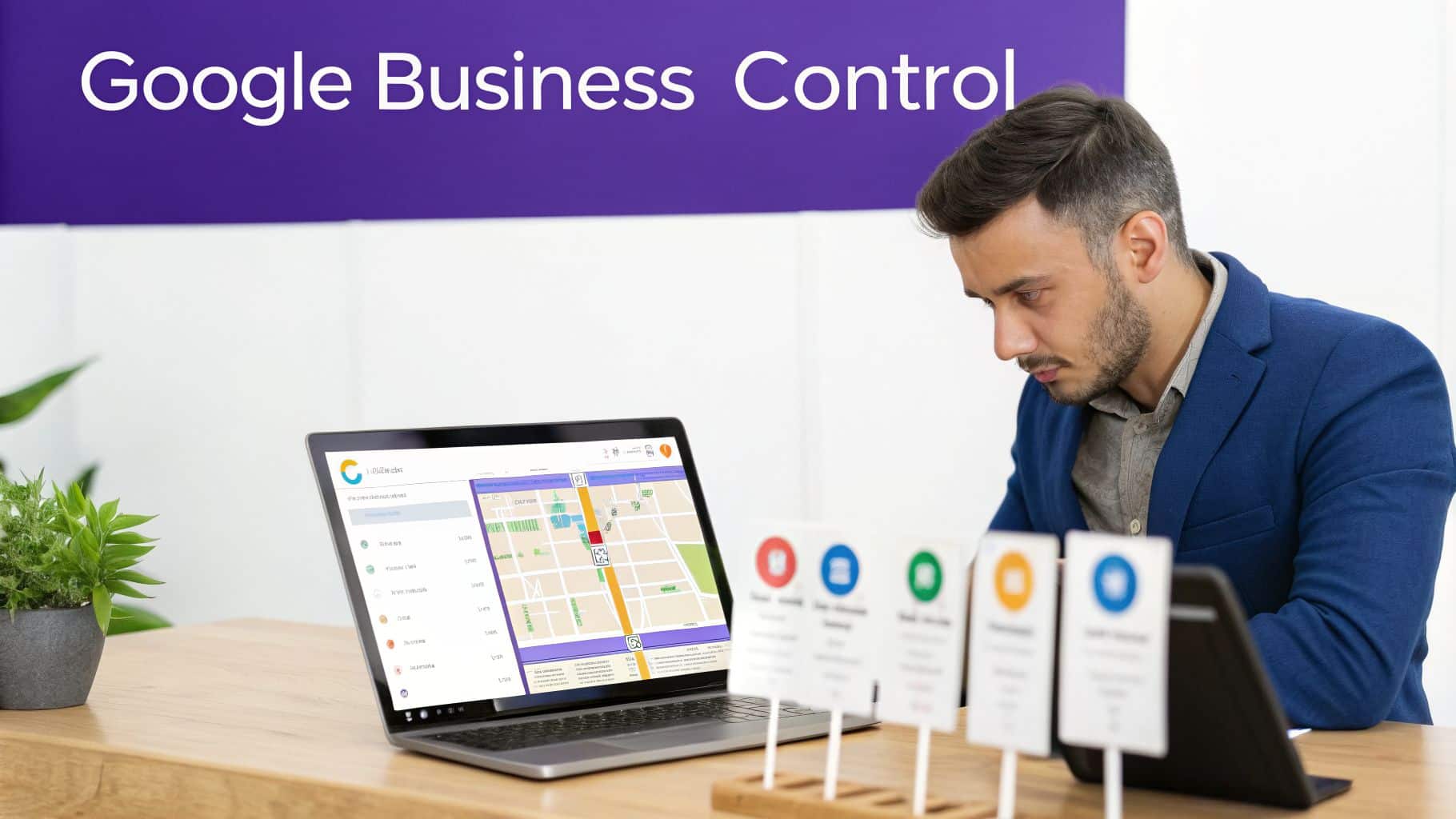 A man reviews Google Business Control on a laptop, showing a map interface and menu.