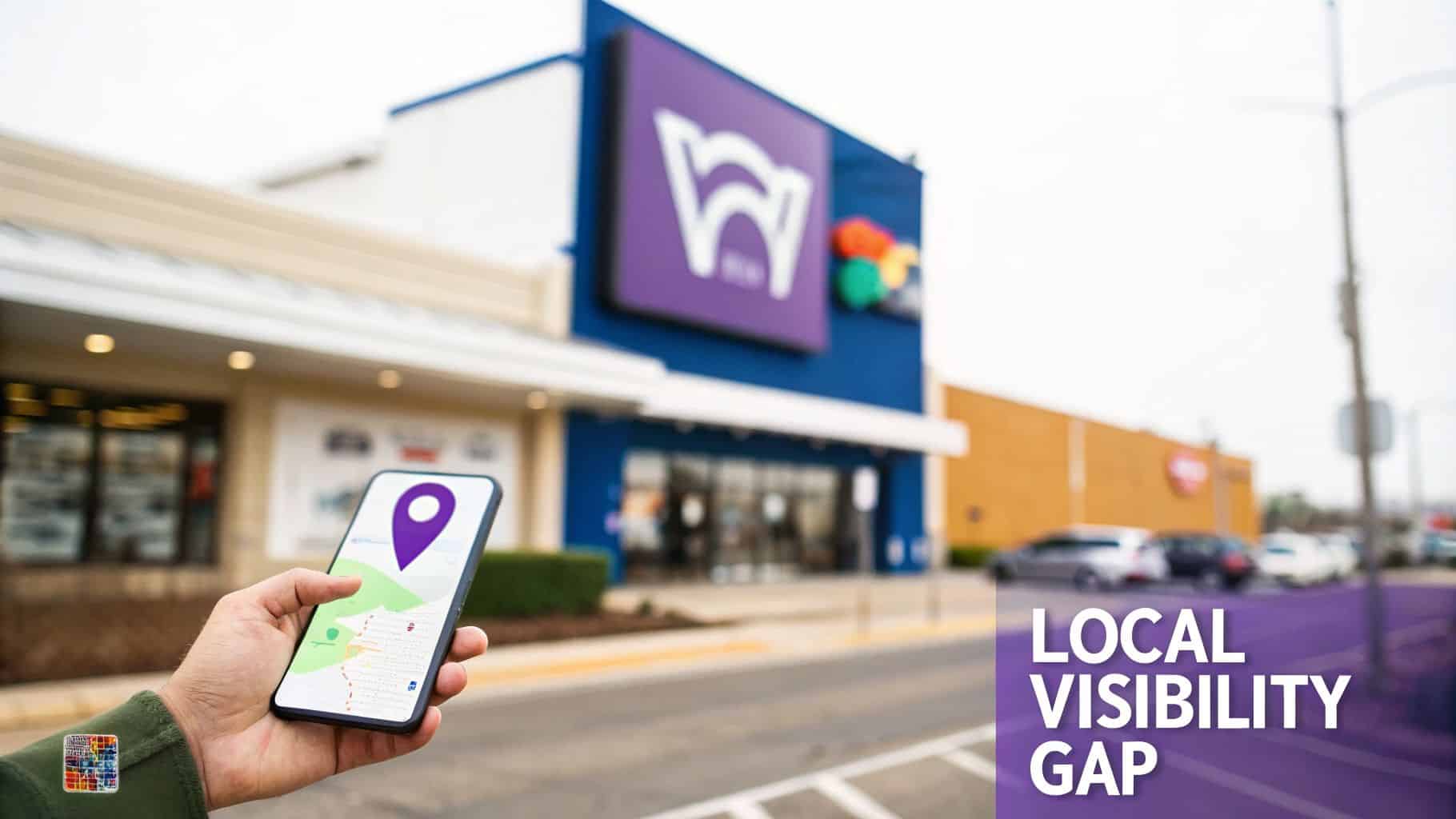 A hand holding a smartphone with a map showing a location pin in front of a franchise store.