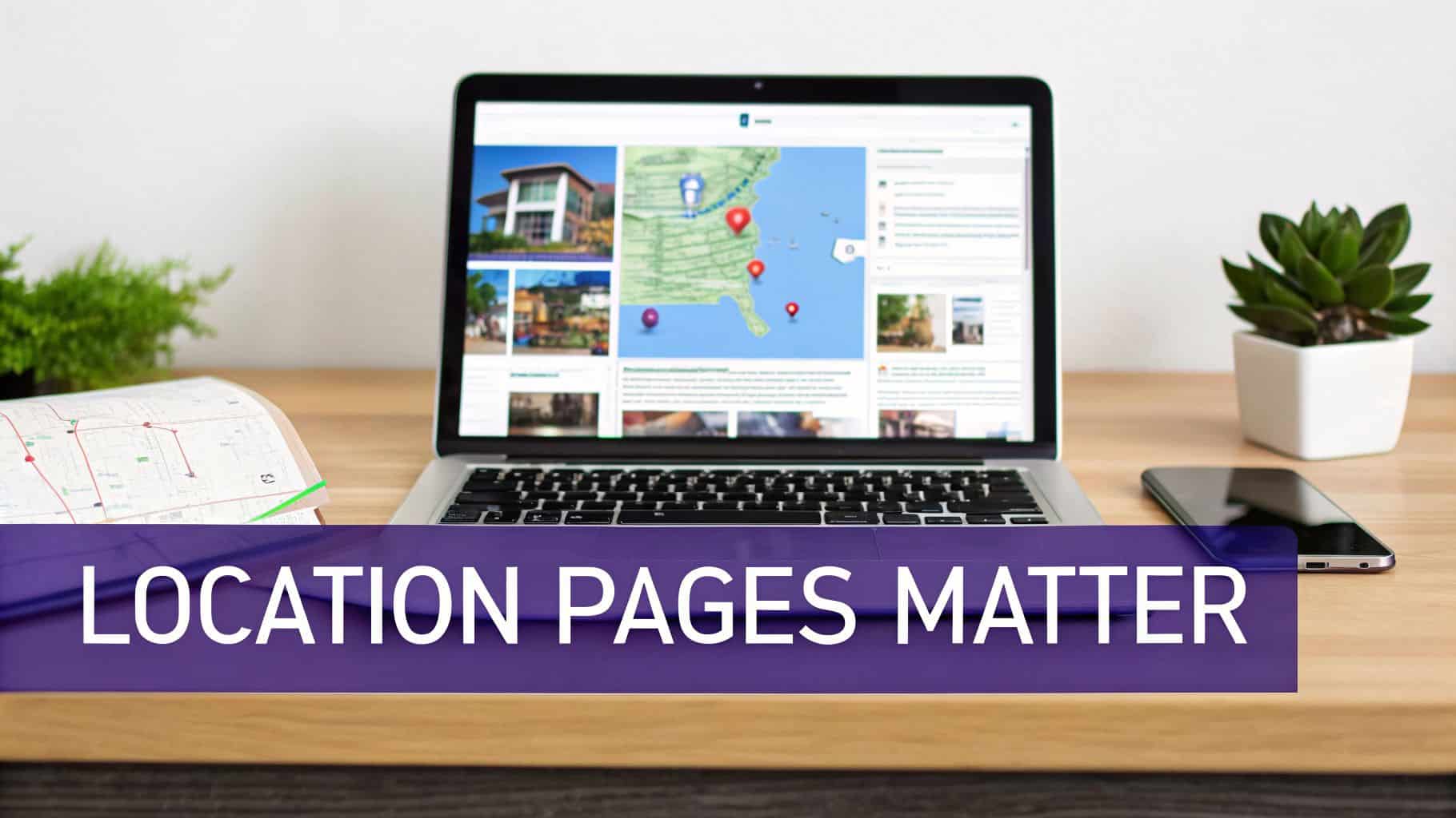 Laptop displays a website with a geographical map, location pins, and building images on a wooden desk. Text reads 'LOCATION PAGES MATTER'.