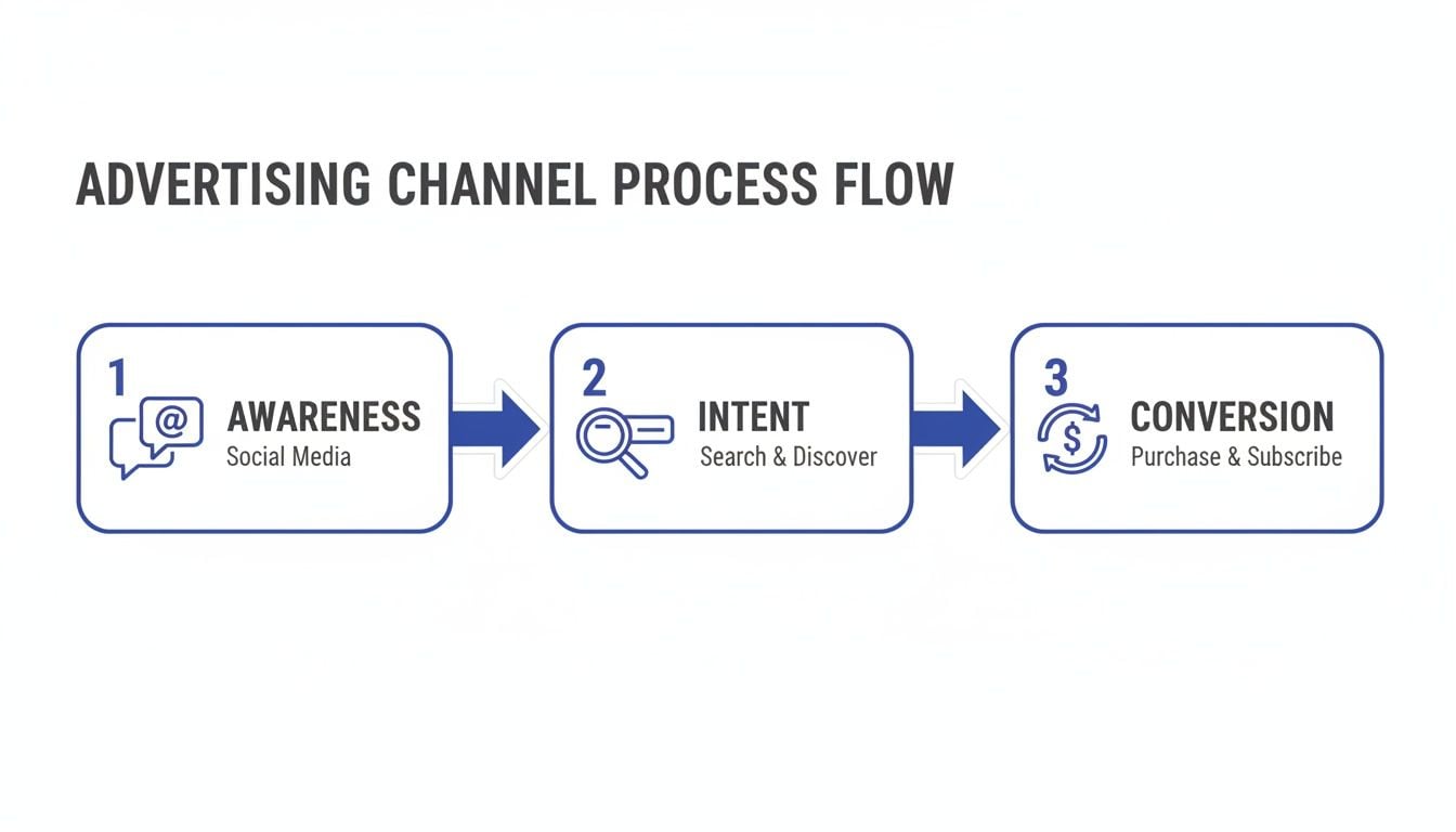 Flowchart illustrating the advertising channel process: Awareness (Social Media), Intent (Search & Discover), and Conversion (Purchase & Subscribe).