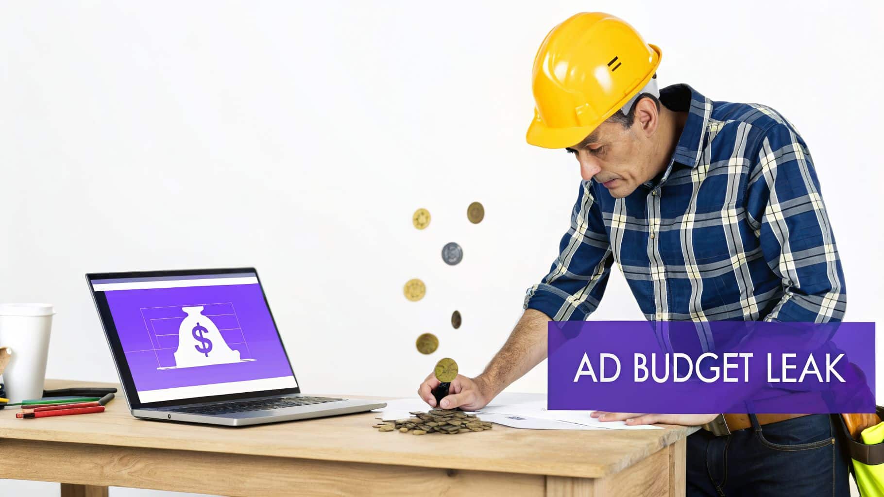 A contractor in a hard hat identifies an ad budget leak, with coins representing money loss.
