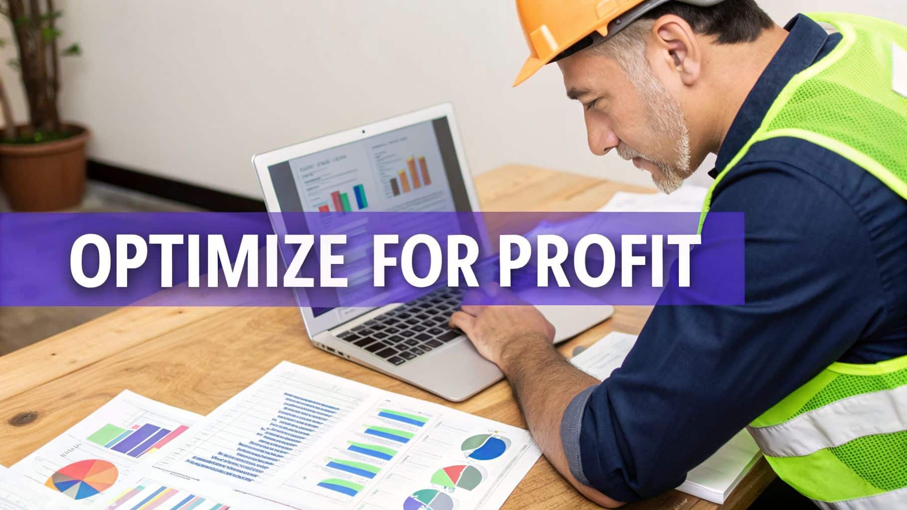 A contractor in a hard hat analyzes data on a laptop and documents to optimize profit.