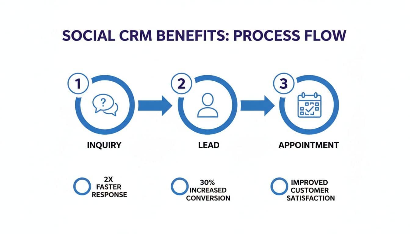 Social CRM benefits process flow diagram detailing inquiry, lead, and appointment stages with key advantages.