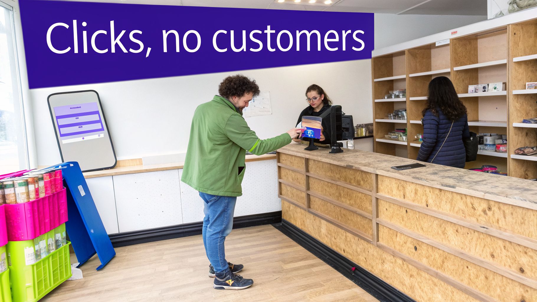 A man uses a tablet at a store counter with a cashier, under a 'Clicks, no customers' sign.