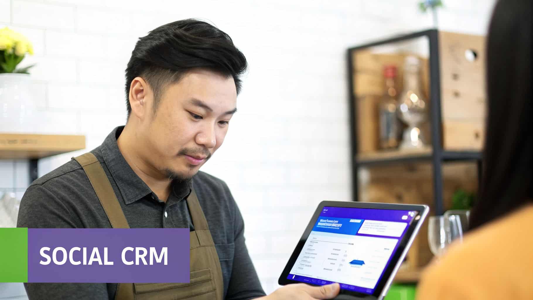 A man in an apron reviews a social CRM application on a tablet in a modern cafe setting.
