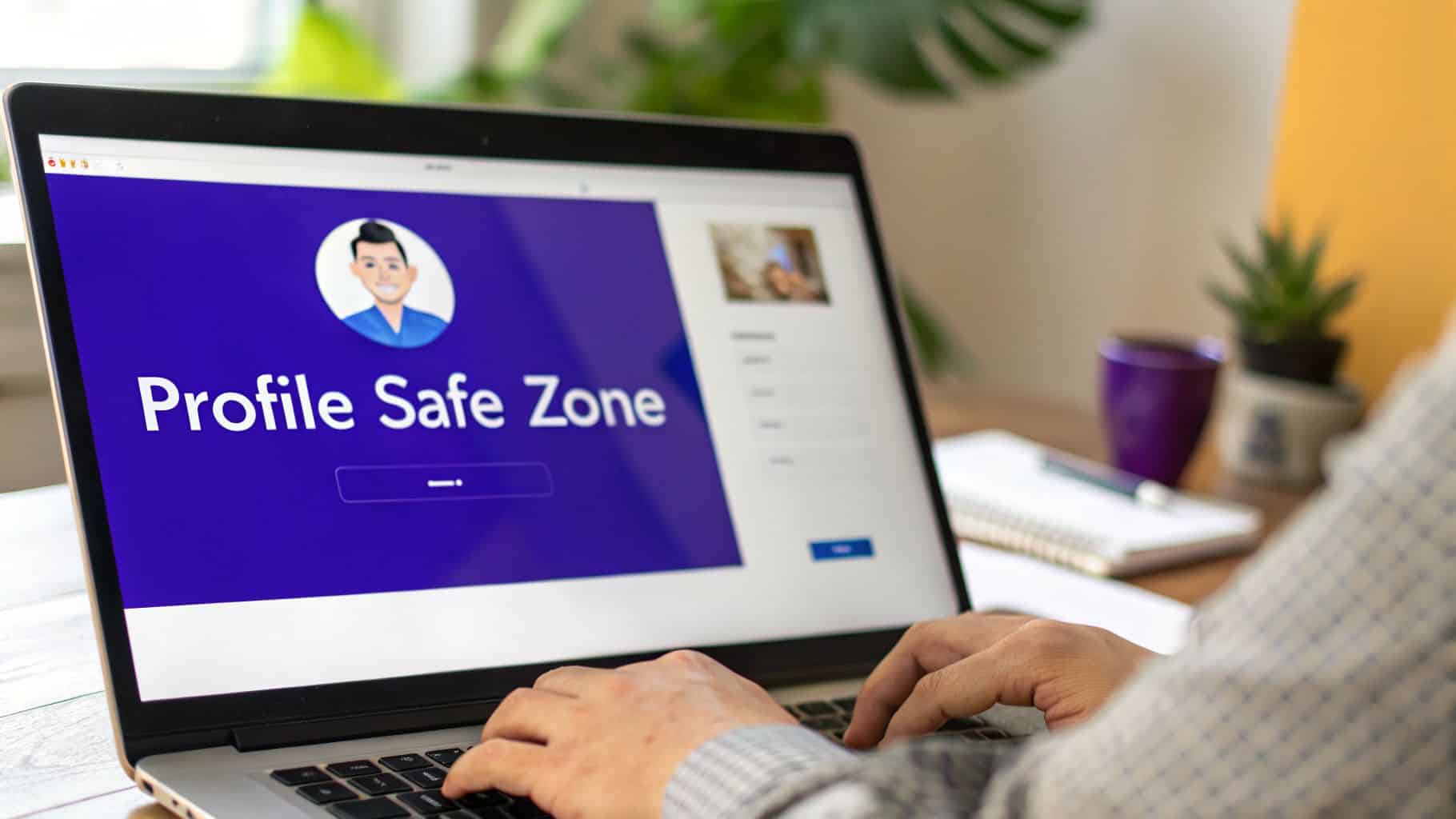 A person's hands typing on a laptop displaying a 'Profile Safe Zone' page.