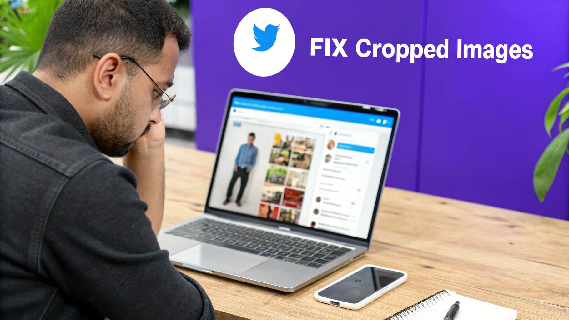 A man views a laptop screen showing Twitter with an image and 'FIX Cropped Images' text.