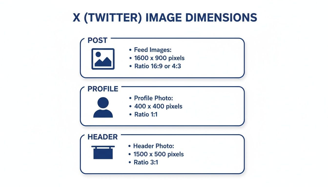 Infographic detailing X (Twitter) image dimensions for posts, profile photos, and header images, including pixel sizes and aspect ratios.