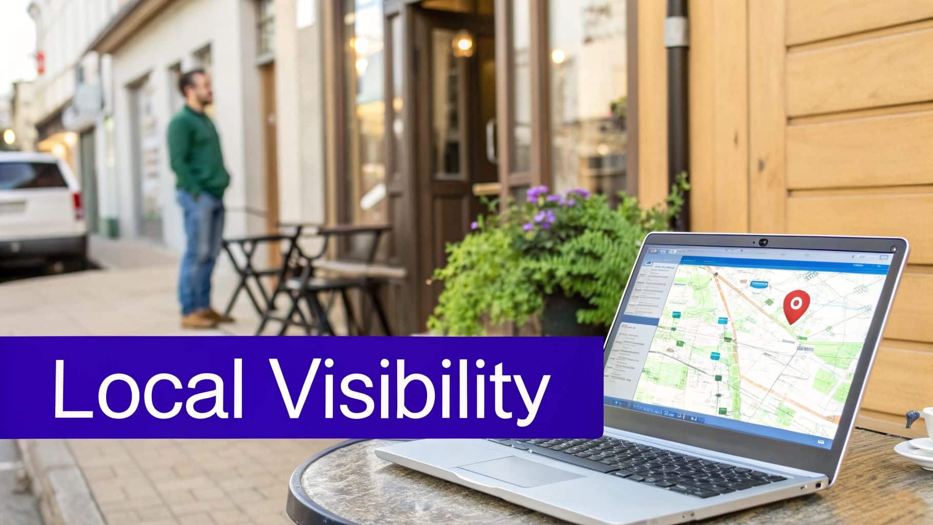 A laptop displaying a map with a red location pin on an outdoor cafe table, showcasing local visibility.