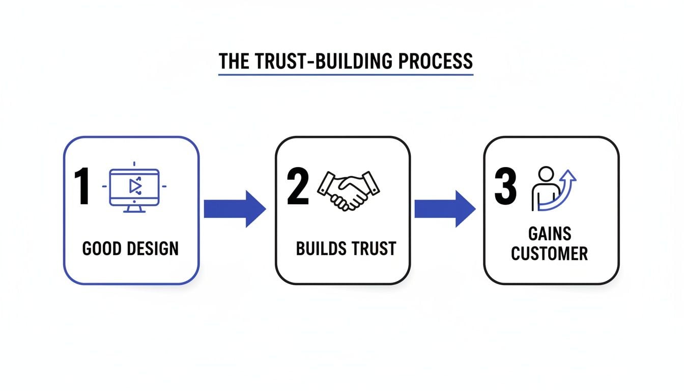 Infographic illustrates the trust-building process: good design builds trust and gains customers.