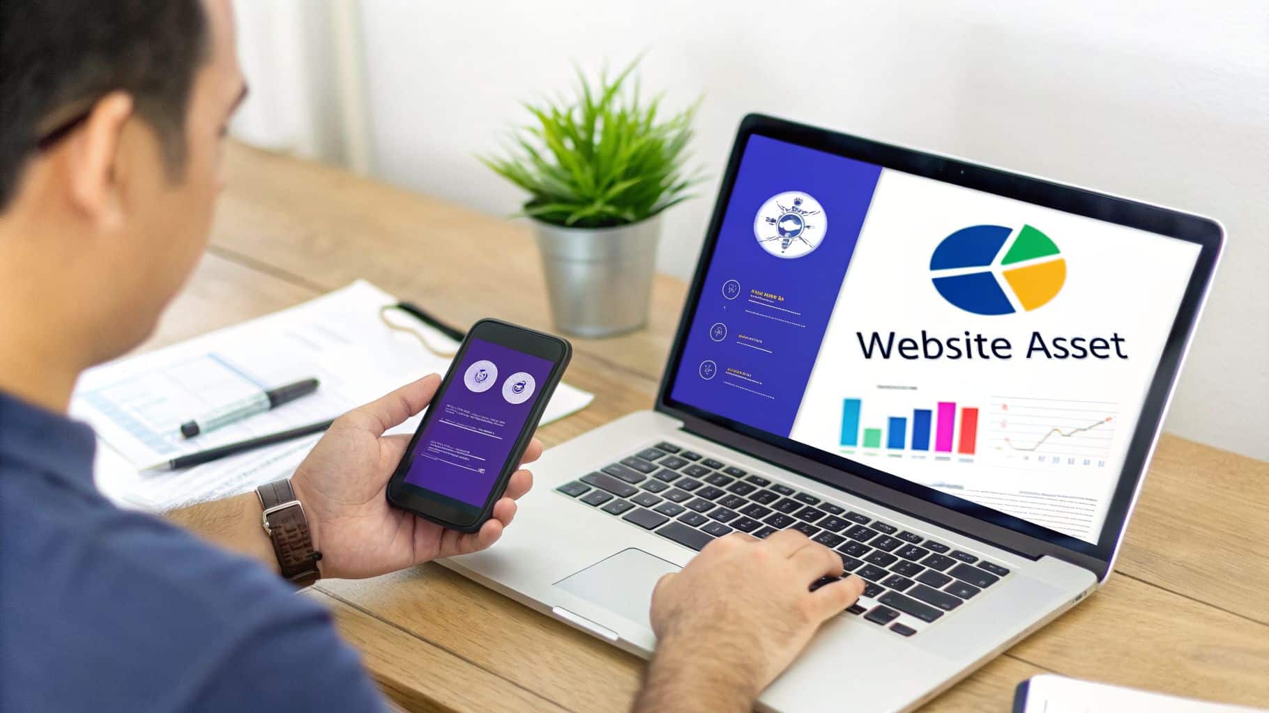 A person views website asset data on a laptop and checks analytics on a smartphone.