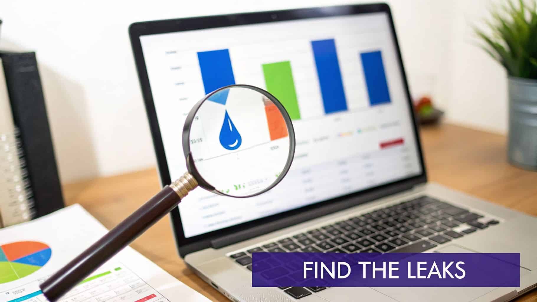 A magnifying glass over a laptop screen displaying a bar chart and a blue water drop icon, with 'FIND THE LEAKS' banner.