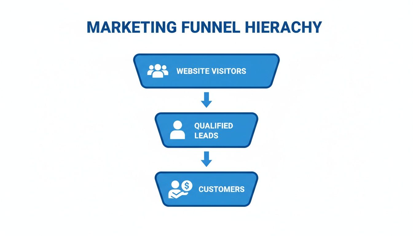 A marketing funnel hierarchy diagram illustrating website visitors becoming qualified leads and finally customers.