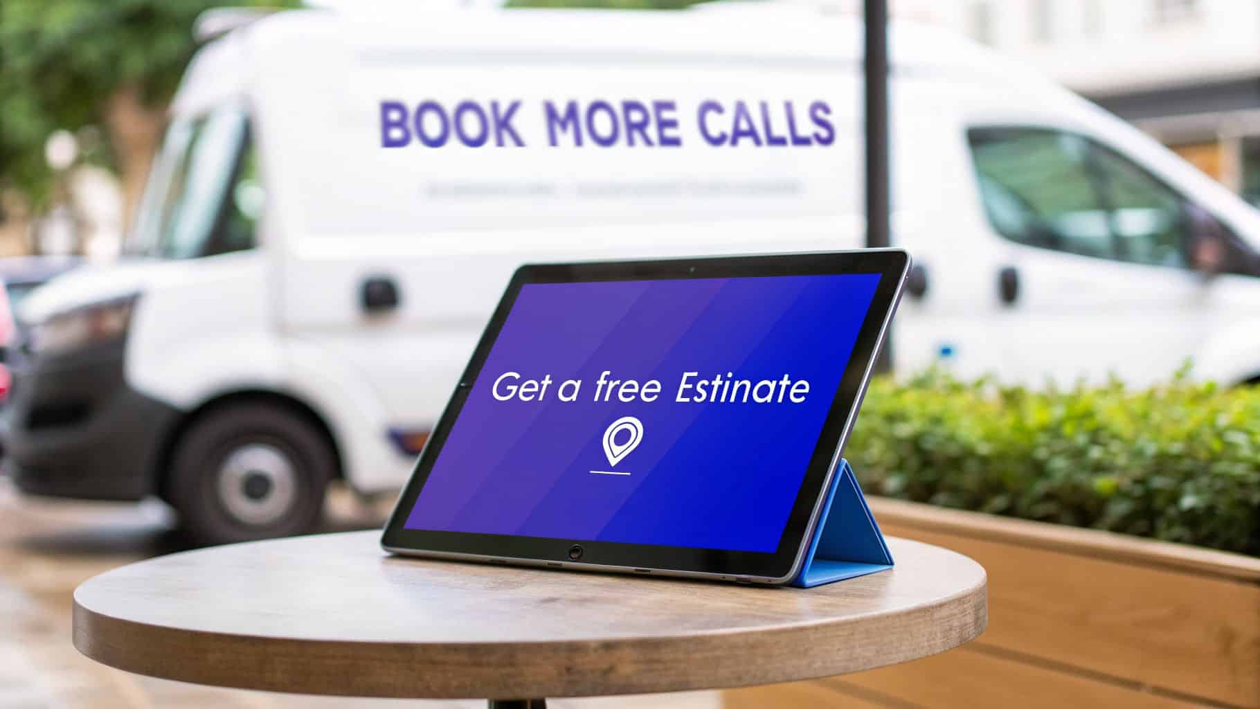 A tablet on a wooden table displays 'Get a free Estimate' with a location icon, and a service van advertising 'BOOK MORE CALLS' in the background.