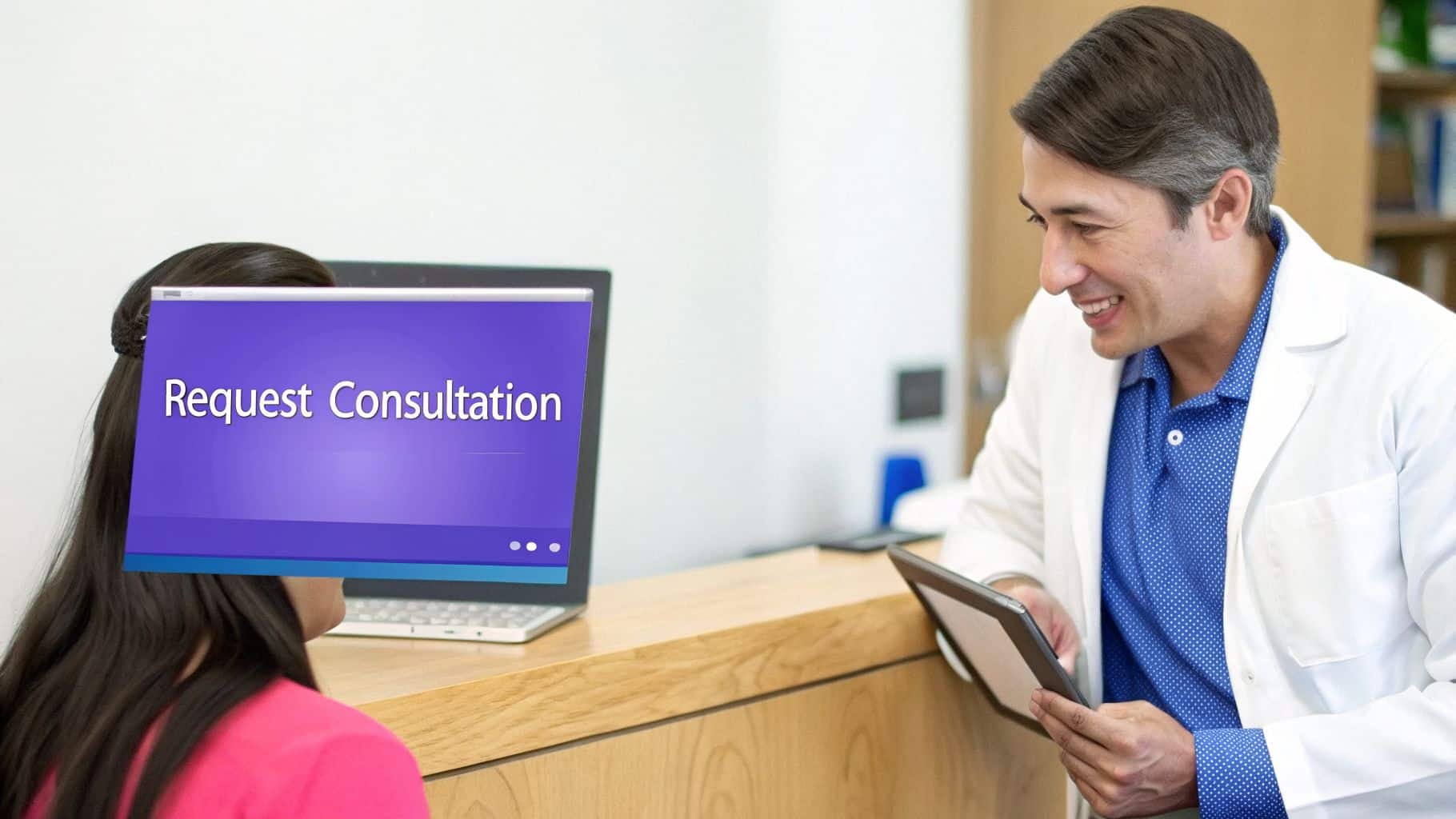 A smiling male medical professional holds a tablet while a patient's laptop displays 'Request Consultation'.