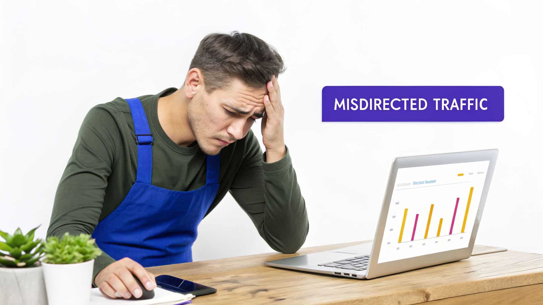 A stressed man in a blue apron looks at a laptop showing a graph and "MISDIRECTED TRAFFIC."