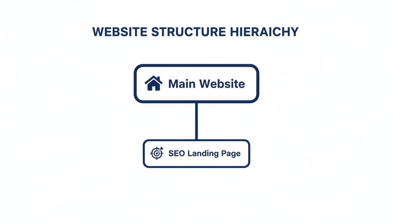 A diagram illustrating a website structure hierarchy, showing a main website linking to an SEO landing page.