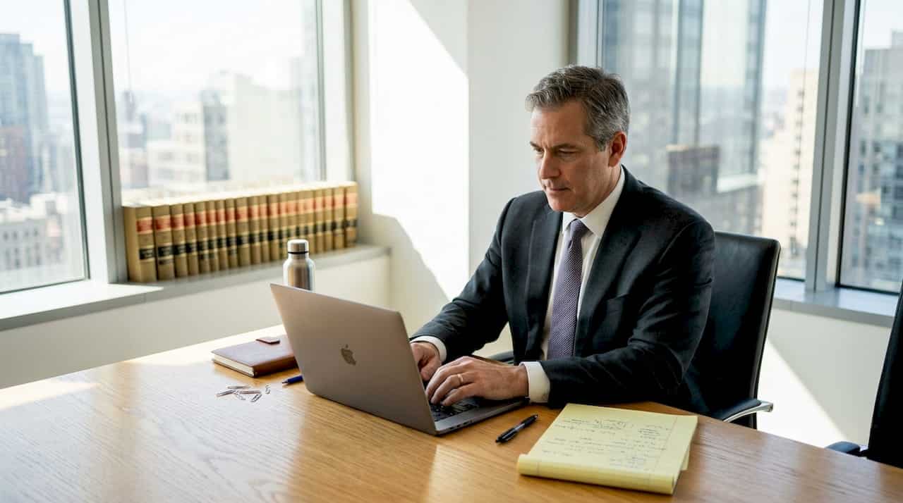 Attorney writing content at cluttered conference table