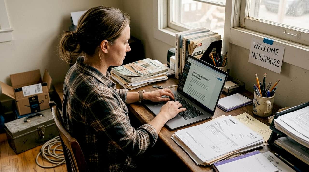 Local business owner writing blog post in office