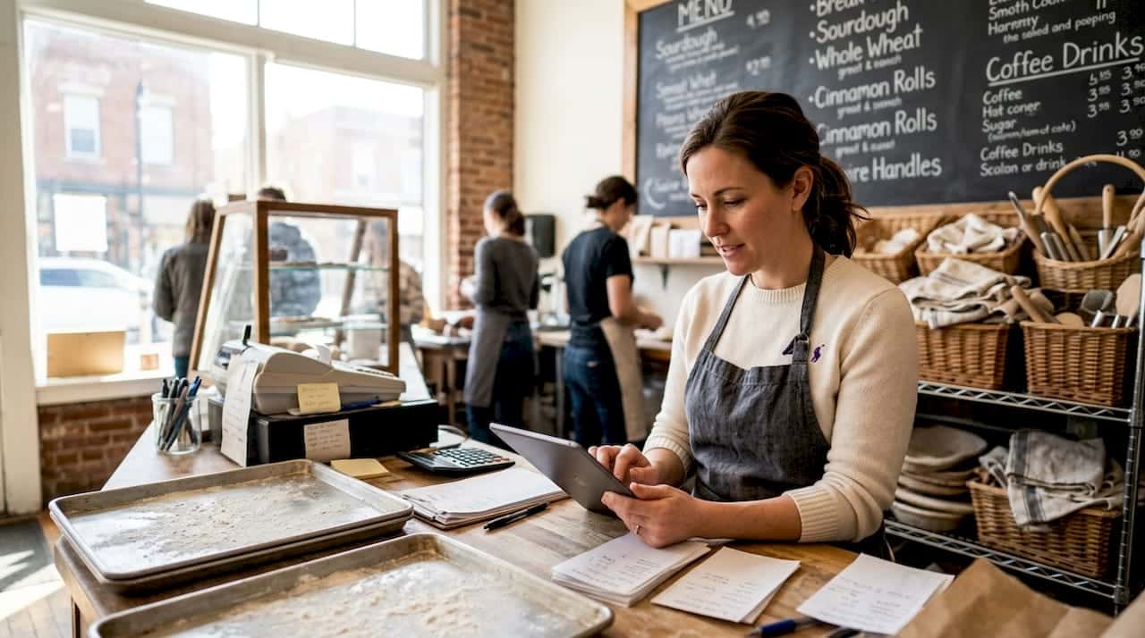 Bakery owner updating online profile in shop