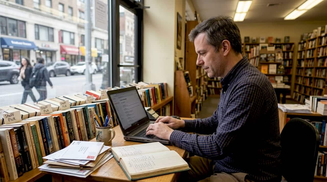 Bookstore manager checking messages by window