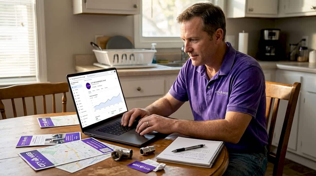 Plumber updating Google Business Profile at kitchen table
