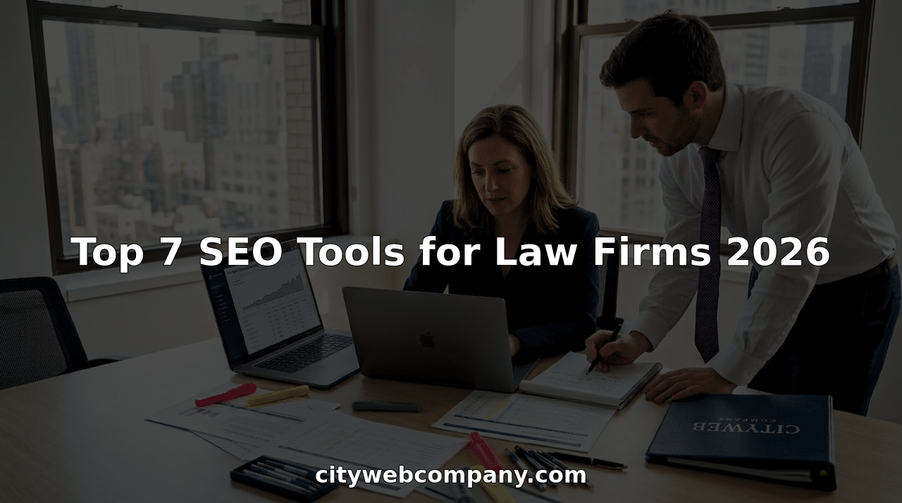 Law firm team reviews SEO reports in office