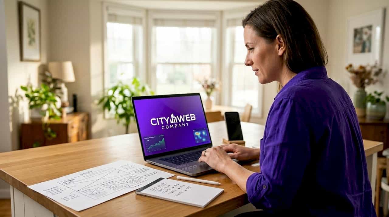 Business owner planning website at kitchen table