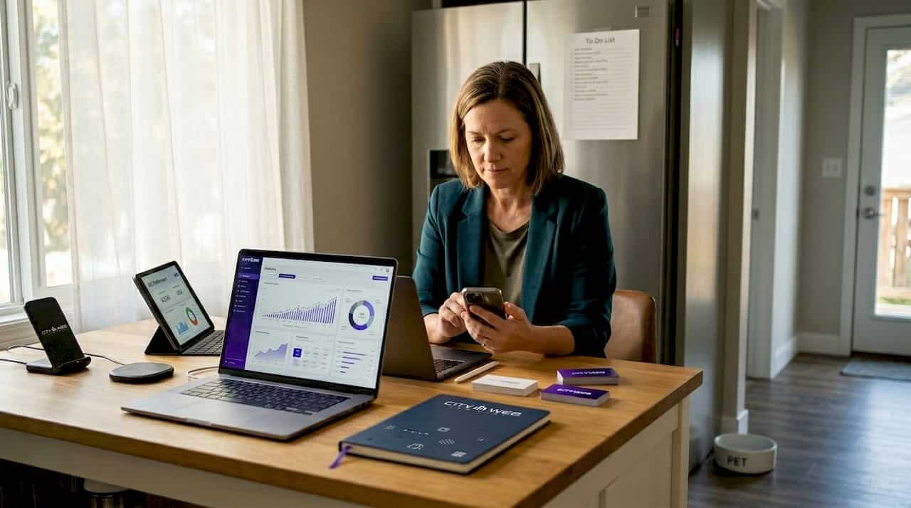 Business owner checks leads at kitchen table